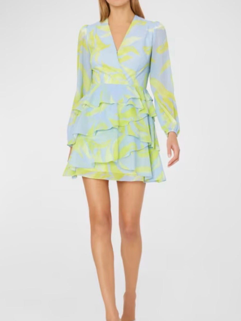 Milly Light Blue and Lemon Yellow Ruffle Wrap Mini Dress